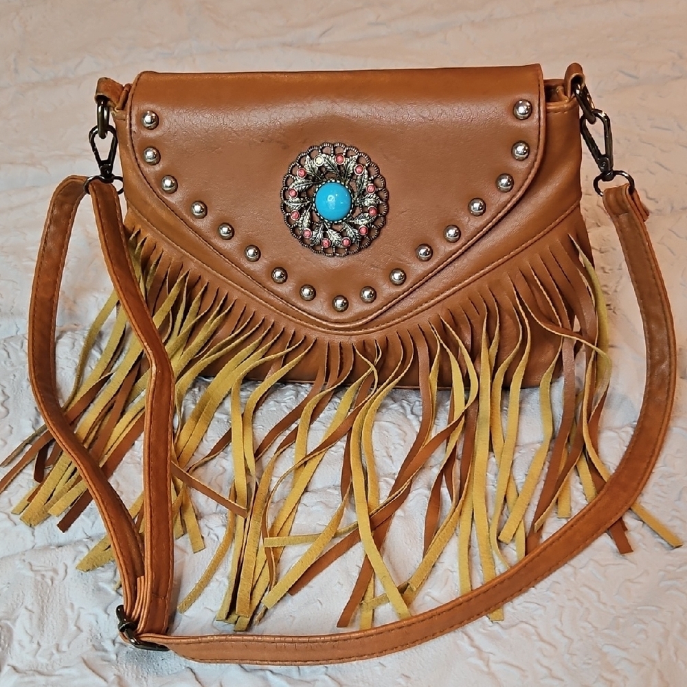 Brown and Blue Crossbody Bag with Fringe and Turquoise Accent